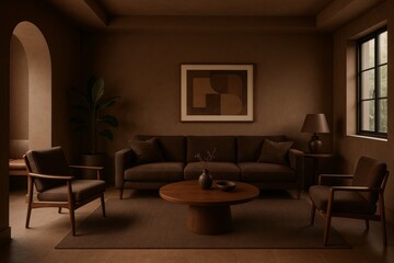 Fototapeta premium Modern Cafe Living Room Design with Earthy Tones and Minimalist Style
