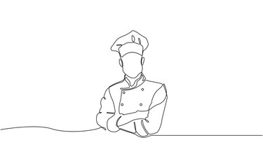 Continuous line drawing of a male chef in uniform illustration, Professional chef continuous one line drawing. Chef wearing uniform and chef hat in single line art vector illustration.