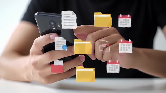 Man's Hands Holding Smartphone With Floating Calendar File and Folder Icons On White Desk With Black Shirt For Adobe Stock Photo