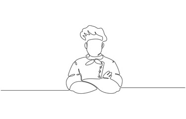 Continuous line drawing of a male chef in uniform illustration, Professional chef continuous one line drawing. Chef wearing uniform and chef hat in single line art vector illustration.
