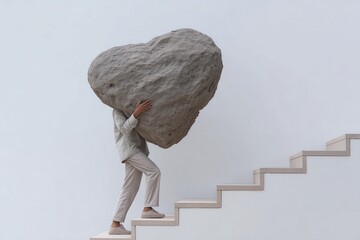 A person physically carries a heavy stone heart while doing daily tasks. This image is a poignant, literal interpretation of the burden of grief, sadness, and depression