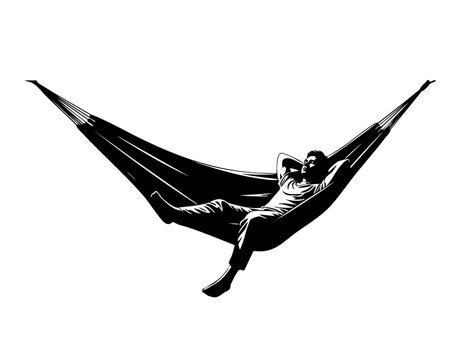 Minimalist black and white lineart illustration of a man relaxing in a hammock