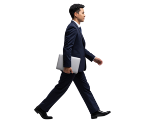 Businessman Holding Laptop While Walking, Side View, Transparent Background