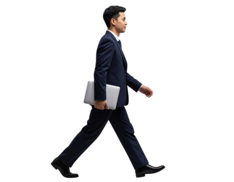 Businessman Holding Laptop While Walking, Side View, Transparent Background