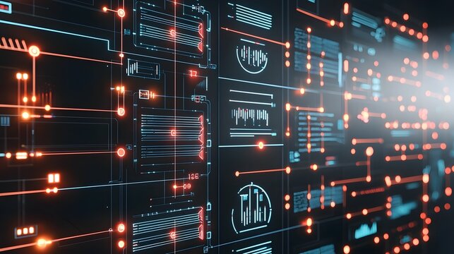 Visualization of an intelligent energy grid system featuring interconnected neon circuits that link decentralized renewable energy sources with real time power demand analytics for efficient and