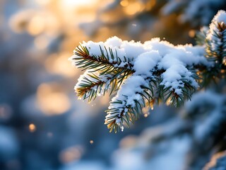 Pine branch glows under golden sunset with falling snow and bokeh lights, ideal for holiday cards, seasonal mood boards, winter backgrounds, and nature-themed visuals