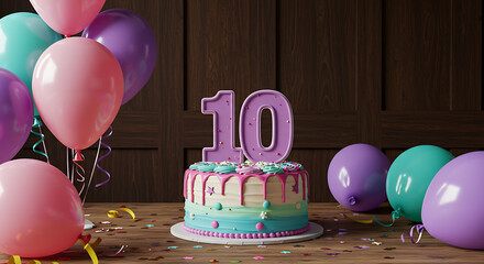 Celebrating a Decade A Colorful Tenth Birthday with Cake and Balloons Against a Wood Backdrop.