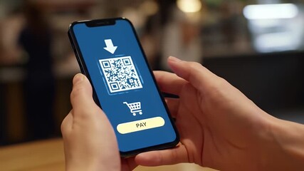 Close Up Of Person Using Smartphone With A Qr Code For Payment On Blue Screen With Finger Tap and Blurred Background - Powered by Adobe