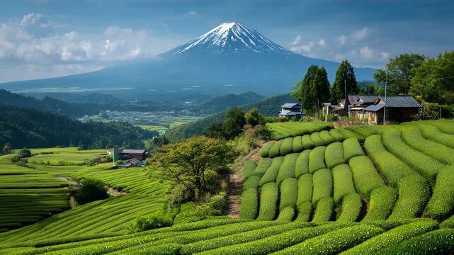 日本の茶畑と山の風景