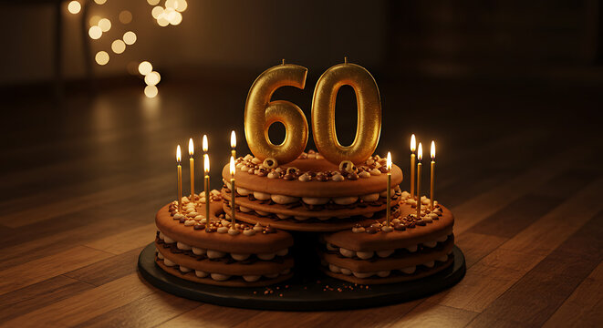 Elegant 60th Birthday Cake with Golden Candles and Warm Bokeh Lights, Celebrating a Milestone with a Delicious Dessert