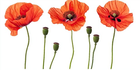 Four vibrant orange poppies with seed pods on white background
