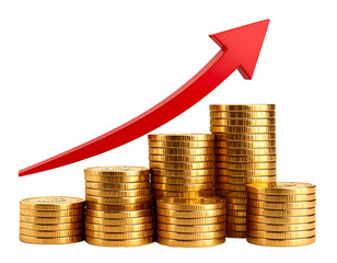 Stack of Gold Coins with Rising Arrow, 3D Concept, Transparent Background 