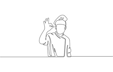 Continuous line drawing of a male chef in uniform illustration, Professional chef continuous one line drawing. Chef wearing uniform and chef hat in single line art vector illustration.