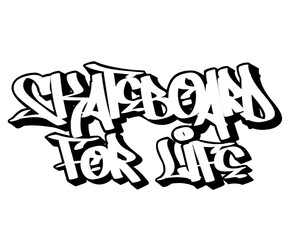 hand drawn graffiti calligraphy letters SKATEBOARD FOR LIFE isolated design in black and white