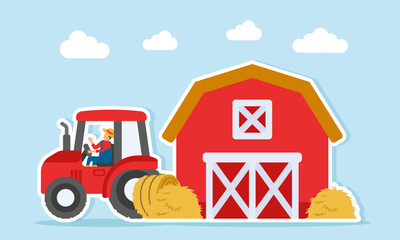 Farmer driving tractor near barn and haystack illustration of effective agricultural management © B Design
