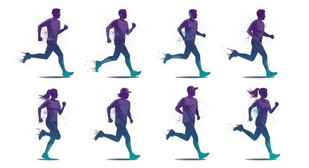 Marathon run. Group of running people, men and women. Colored vector silhouettes.