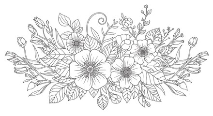 Delicate floral arrangement of intricately detailed wildflowers and foliage outlines