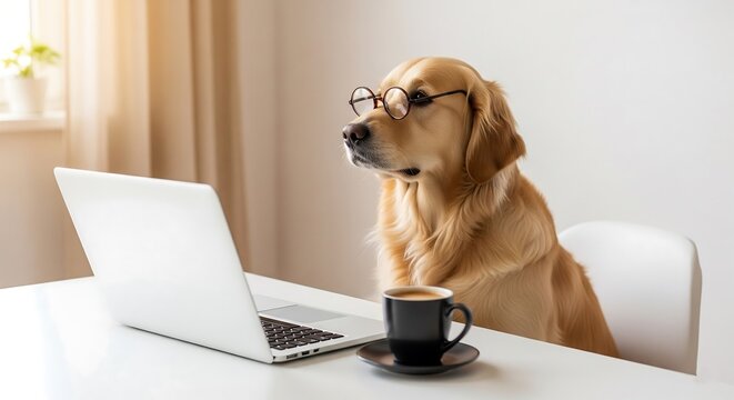 A smart golden retriever wearing glasses sits attentively at a desk with a laptop and coffee, appearing to work or study diligently in a humorous, anthropomorphic scene. - Powered by Adobe