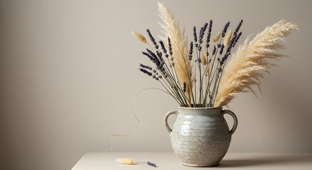 A rustic vase filled with lavender and pampas grass on a table against a neutral colored background