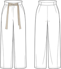 Flat sketch of women’s zip-up hoodie with front pockets and drawstring hood, front and back view technical fashion illustration