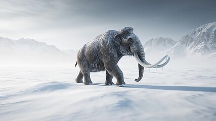 A woolly mammoth walks through a snowy mountain landscape in a realistic illustration