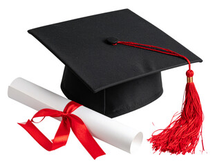  Graduation Cap with Diploma Scroll, Flat Lay Top View, Transparent Background