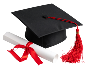  Graduation Cap with Diploma Scroll, Flat Lay Top View, Transparent Background