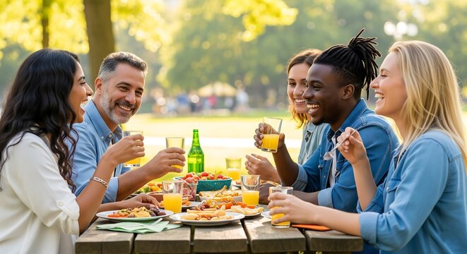 A diverse group of friends happily enjoys an outdoor picnic or barbecue, sharing food and drinks, and laughing together under the warm sunlight in a park setting.
