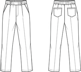 Flat sketch of women's straight leg trousers with elastic waistband, front and back view, fashion technical drawing, pants design template