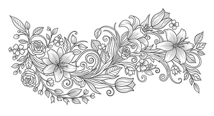 Elegant floral pattern illustration with lilies, roses, and swirls for design elements, suitable