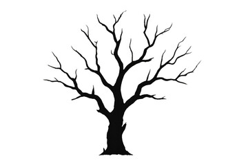 Black silhouette of a leafless tree, isolated on a transparent background, creating a stark and dramatic image