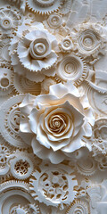 A detailed closeup of intricately carved white gears and delicate roses on a white background, highlighting the fine craftsmanship and elegant design.