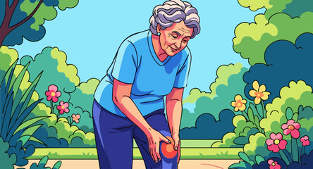 Elderly Woman Gardening with Pain in Knee Surrounded by Lush Greenery and Flowers for Health Awareness, Senior Care Blogs, and Gardening Websites  