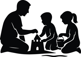 Silhouette father and children playing sand building castle Vector Illustrator