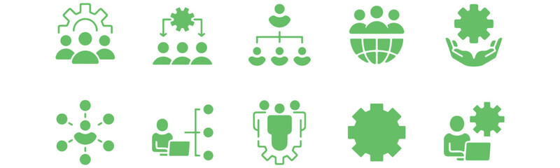 HR Management Icon Set - Teamwork, Hierarchy, Leadership & Employee Network - Gear & Settings Vector