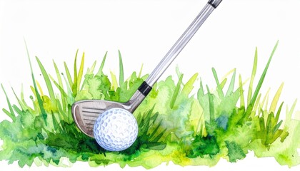 Tranquil watercolor painting of a golf ball and club resting on soft green grass capturing a serene moment