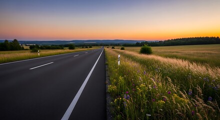 Picturesque Country Road at Sunset, a Serene Landscape with golden Sky
