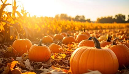 Golden pumpkin patch at sunset