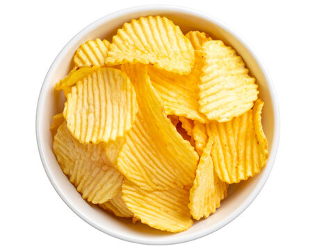 Top-down view of golden crispy ridged potato chips in white ceramic bowl, isolated on transparent background PNG - Powered by Adobe
