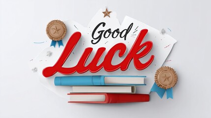 3D rendered "Good Luck" text in bold red script atop stacked books, surrounded by confetti, medals, and papers on a white background