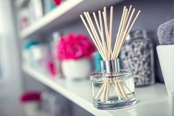 Aromatic reed diffuser on a shelf, surrounded by toiletries and decor