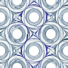 Abstract seamless pattern with concentric circles and swirling lines in cool blue and gray tones on a white background, creating an optical effect.