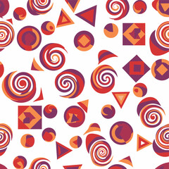 Playful seamless abstract pattern with scattered geometric shapes, circles, spirals, and triangles in warm red, orange, and purple on white.