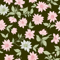 Elegant seamless floral pattern with delicate pink and white flowers on trailing green vines, set against a dark olive green background.