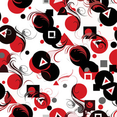 Dynamic seamless pattern combining geometric circles, squares, and triangles with organic swirling flourishes in red, black, and white.
