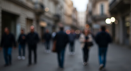 Abstract blurred view of people walking down a European street during the day