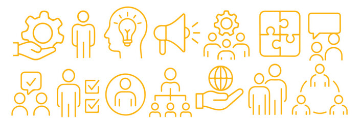 Team Leadership Line Icons - Business Process & Organizational Chart - Flat Outline Set