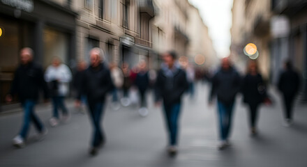 Fototapeta premium Blurred motion of pedestrians on a busy city street evoking anonymity