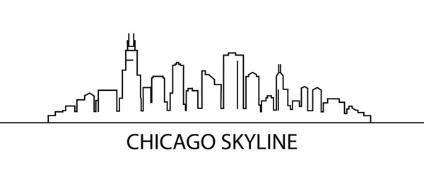 Iconic Chicago skyline depicted in a minimalist black and white line art silhouette