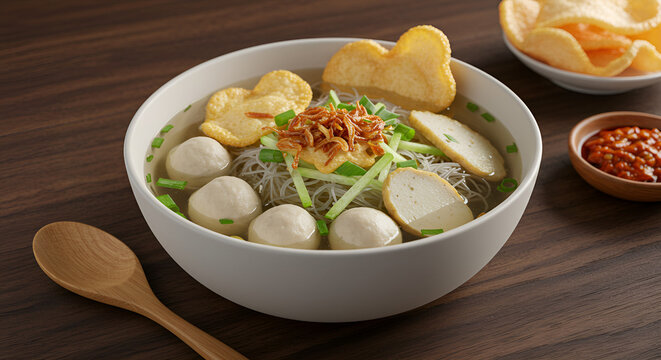 Delicious Bowl of Bakso Soup with Vermicelli Noodles